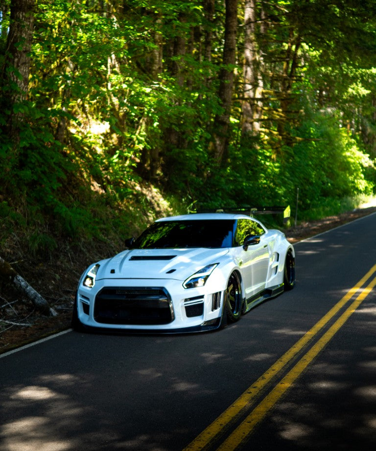 Nissan GTR Nismo Black Edition Track Edition Premium Base CBA DBA 2008 2009 2010 2011 2012 2013 2014 2015 2016 (for installation on 2017 2018 2019 2020 2021 2022 2023 2024 vehicles, 2008 2009 2010 2011 2012 2013 2014 2015 2016 hood is recommended) with Aftermarket Parts - "Godzilla" Widebody Front Bumper & Front Lip Carbon Fiber / FRP from Robot Craftsman