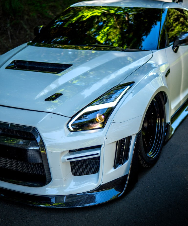 Nissan GTR Nismo Black Edition Track Edition Premium Base CBA DBA 2008 2009 2010 2011 2012 2013 2014 2015 2016 (for installation on 2017 2018 2019 2020 2021 2022 2023 2024 vehicles, 2008 2009 2010 2011 2012 2013 2014 2015 2016 hood is recommended) with Aftermarket Parts - "Godzilla" Widebody Front Bumper & Front Lip Carbon Fiber / FRP from Robot Craftsman
