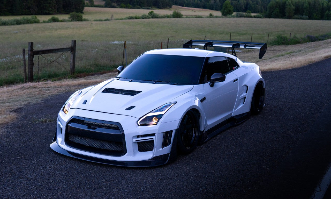 Nissan GTR Nismo T-Spec Black Edition Track Edition Premium Pure  CBA DBA EBA 2008 2009 2010 2011 2012 2013 2014 2015 2016 2017 2018 2019 2020 2021 2022 2023 2024 (designed to be compatible with ROBOT CRAFTSMAN front bumper) with Aftermarket Parts - "Godzilla" Widebody Wheel Arches & Side Skirts Carbon Fiber / FRP from Robot Craftsman
