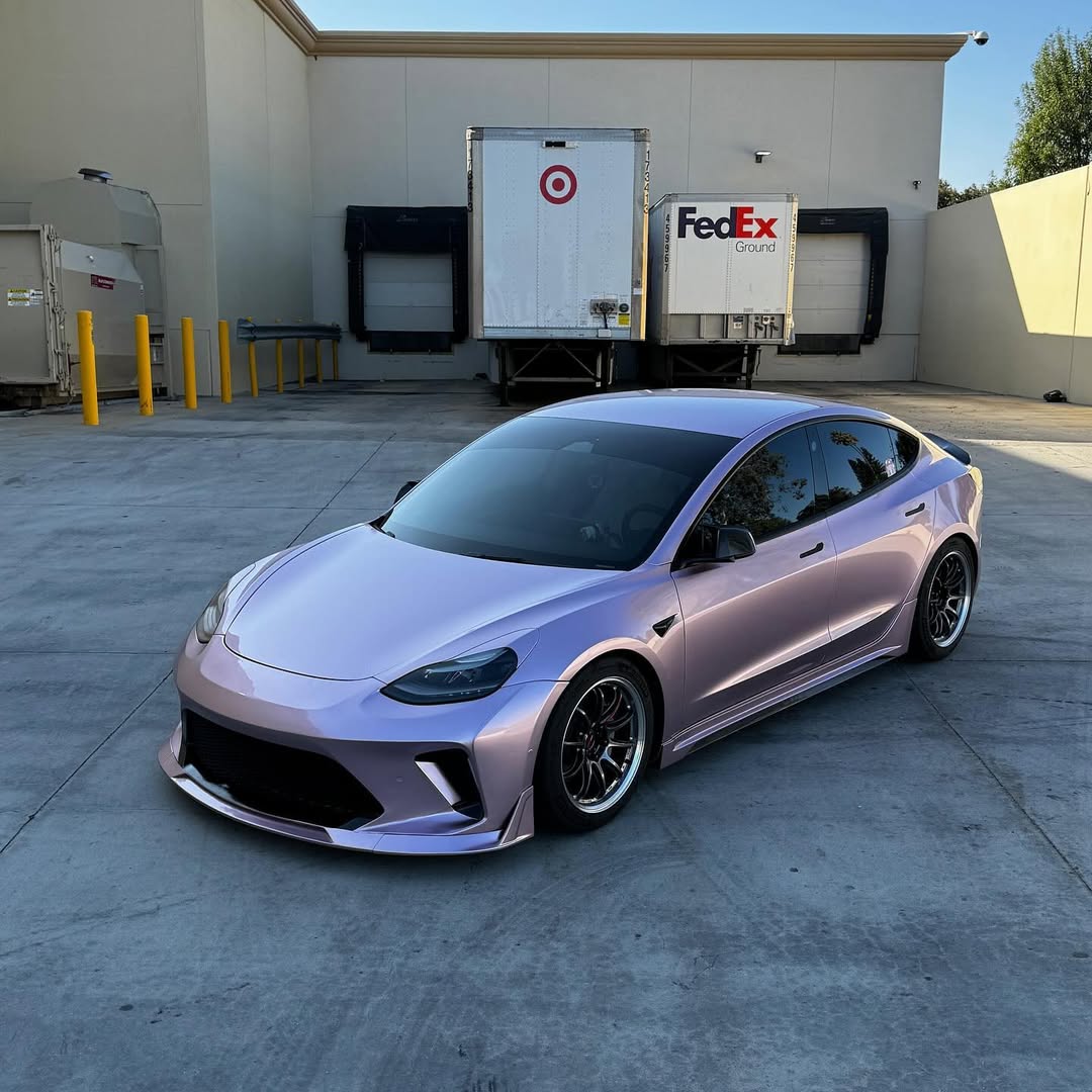 Tesla Model 3 Performance Long Range Standard Base 2017 2018 2019 2020 2021 2022 2023 with Aftermarket Parts - "HACKER" Narrow Body Front Bumper & Front Splitter Carbon Fiber / FRP from Robot Craftsman 