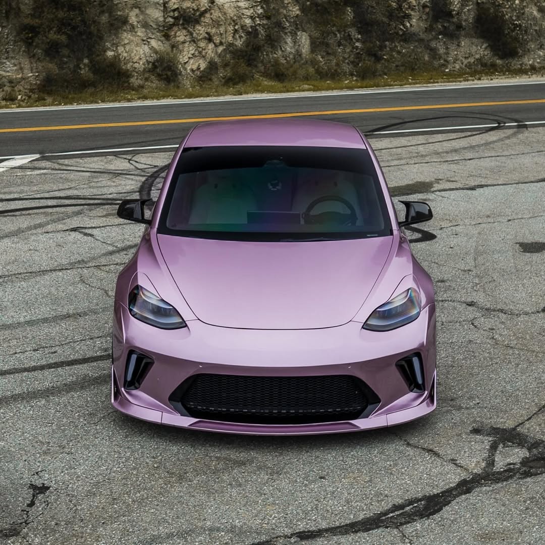 Tesla Model 3 Performance Long Range Standard Base 2017 2018 2019 2020 2021 2022 2023 with Aftermarket Parts - "HACKER" Narrow Body Front Bumper & Front Splitter Carbon Fiber / FRP from Robot Craftsman 