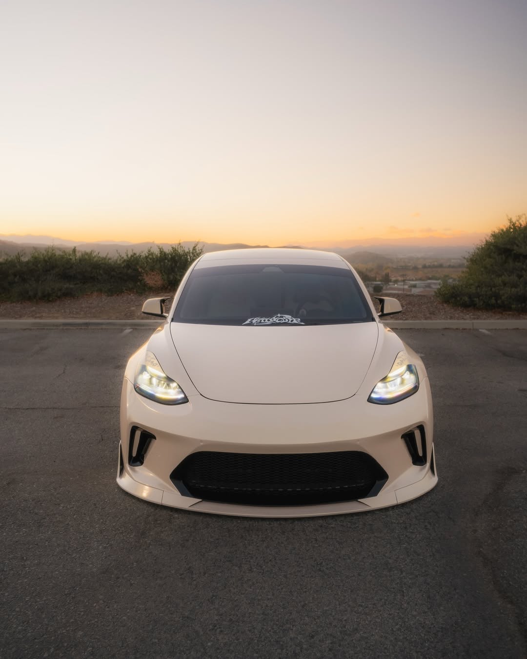 Tesla Model 3 Performance Long Range Standard Base 2017 2018 2019 2020 2021 2022 2023 with Aftermarket Parts - "HACKER" Narrow Body Front Bumper & Front Splitter Carbon Fiber / FRP from Robot Craftsman 