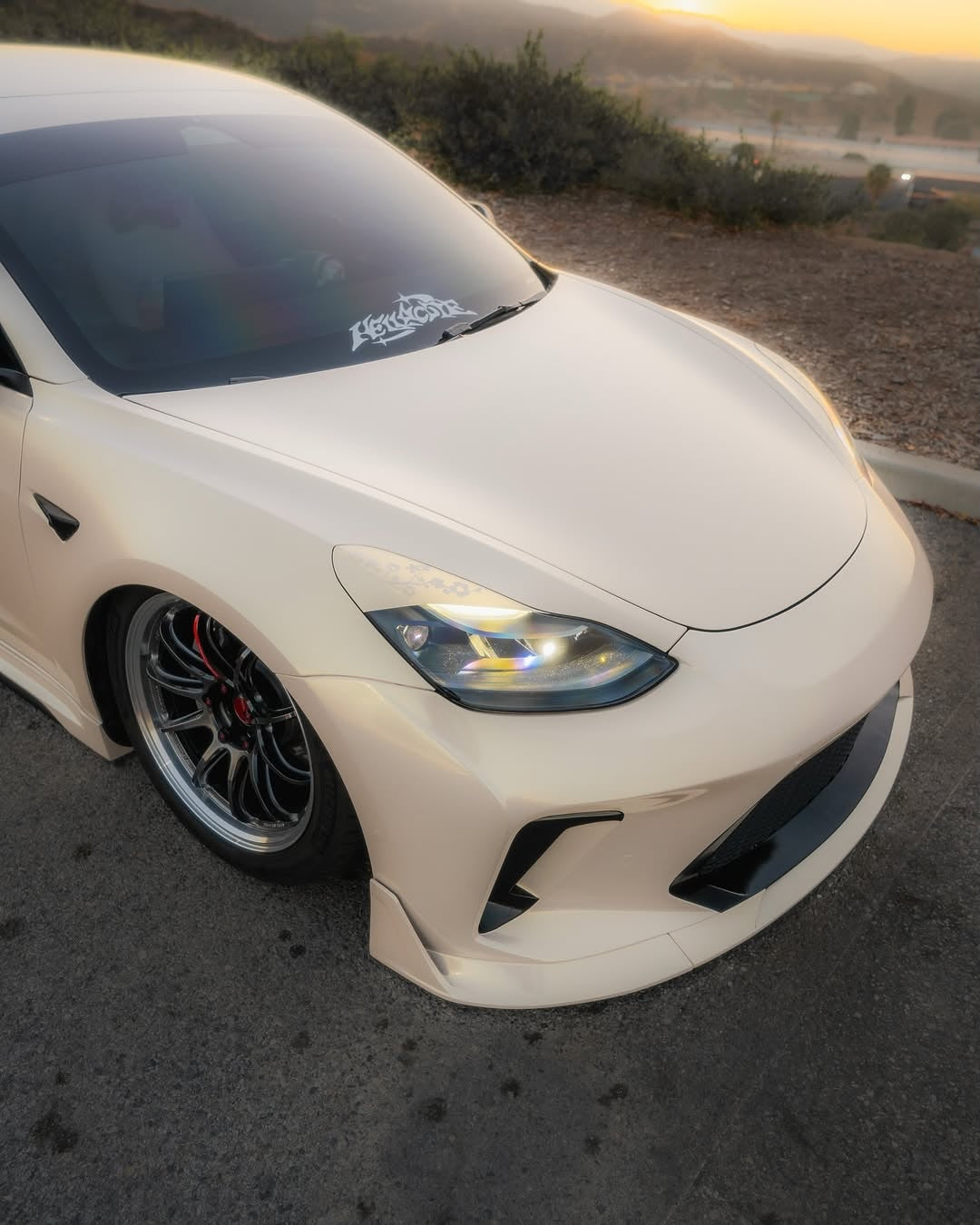 Tesla Model 3 Performance Long Range Standard Base 2017 2018 2019 2020 2021 2022 2023 with Aftermarket Parts - "HACKER" Narrow Body Front Bumper & Front Splitter Carbon Fiber / FRP from Robot Craftsman 