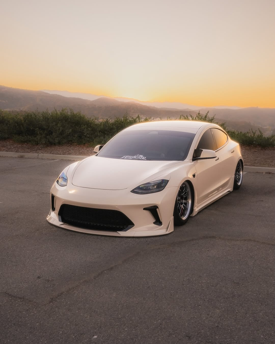Tesla Model 3 Performance Long Range Standard Base 2017 2018 2019 2020 2021 2022 2023 with Aftermarket Parts - "HACKER" Narrow Body Front Bumper & Front Splitter Carbon Fiber / FRP from Robot Craftsman 