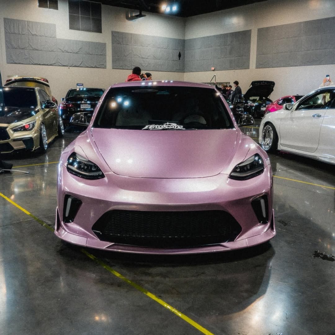 Tesla Model 3 Performance Long Range Standard Base 2017 2018 2019 2020 2021 2022 2023 with Aftermarket Parts - "HACKER" Narrow Body Front Bumper & Front Splitter Carbon Fiber / FRP from Robot Craftsman 