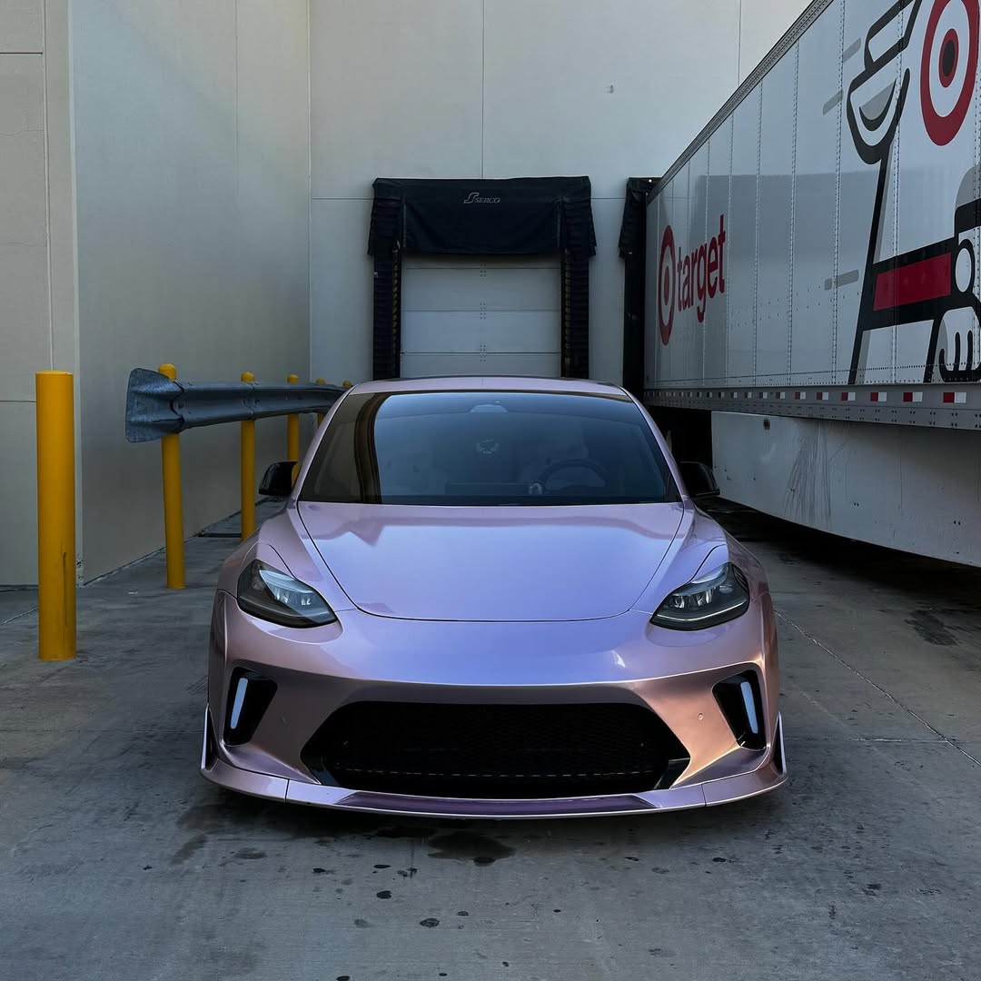 Tesla Model 3 Performance Long Range Standard Base 2017 2018 2019 2020 2021 2022 2023 with Aftermarket Parts - "HACKER" Narrow Body Front Bumper & Front Splitter Carbon Fiber / FRP from Robot Craftsman 