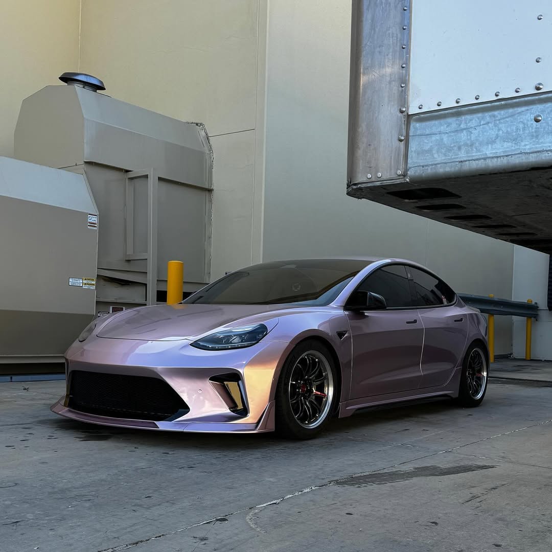 Tesla Model 3 Performance Long Range Standard Base 2017 2018 2019 2020 2021 2022 2023 with Aftermarket Parts - "HACKER" Narrow Body Front Bumper & Front Splitter Carbon Fiber / FRP from Robot Craftsman 