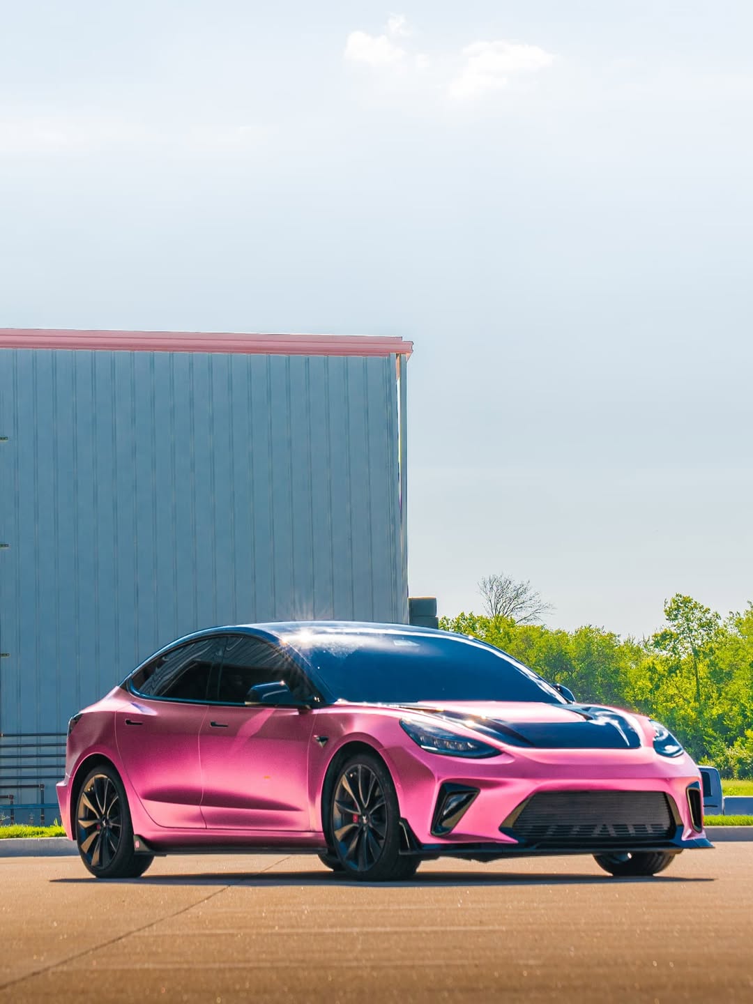 Tesla Model 3 Performance Long Range Standard Base 2017 2018 2019 2020 2021 2022 2023 with Aftermarket Parts - "HACKER" Narrow Body Front Bumper & Front Splitter Carbon Fiber / FRP from Robot Craftsman