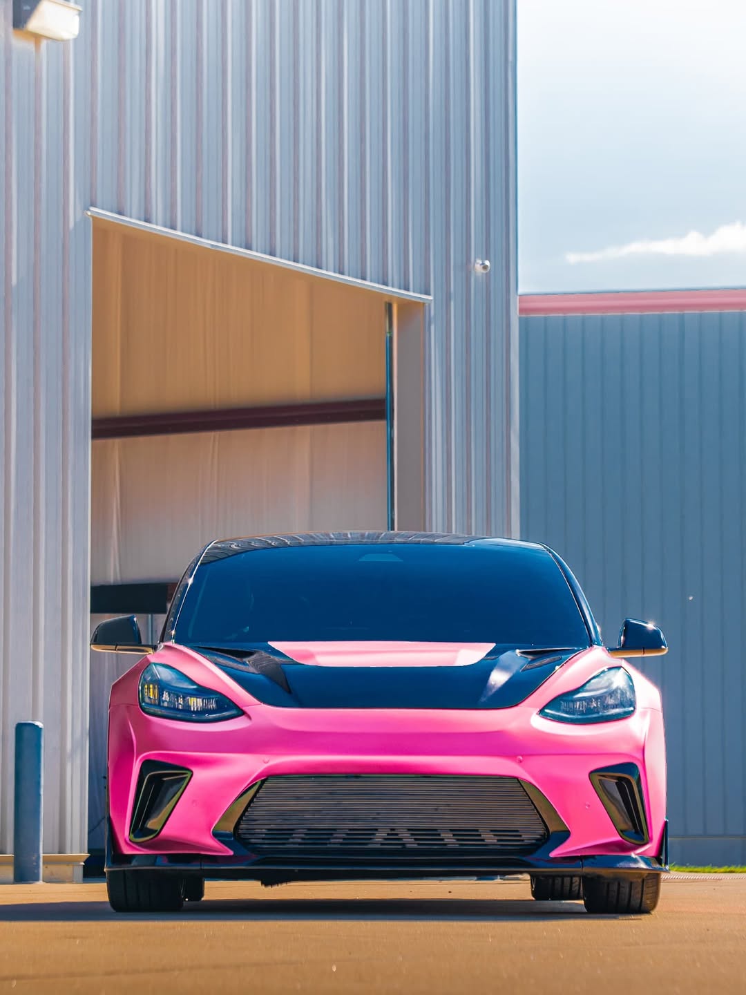 Tesla Model 3 Performance Long Range Standard Base 2017 2018 2019 2020 2021 2022 2023 with Aftermarket Parts - "HACKER" Narrow Body Front Bumper & Front Splitter Carbon Fiber / FRP from Robot Craftsman