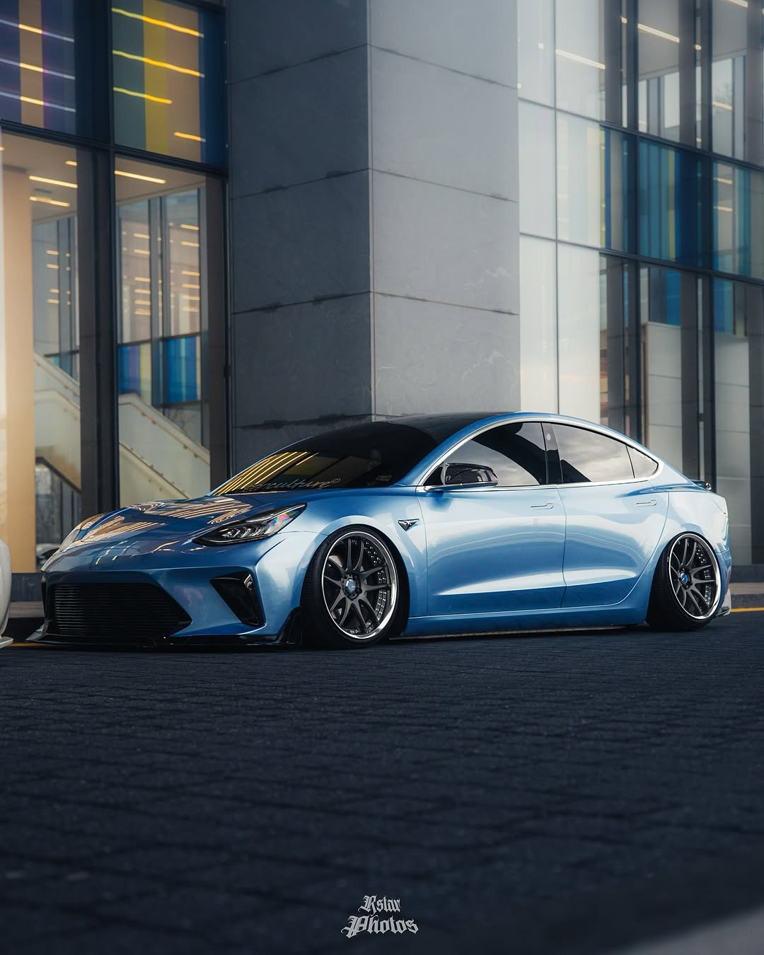 Tesla Model 3 Performance Long Range Standard Base 2017 2018 2019 2020 2021 2022 2023 with Aftermarket Parts - "HACKER" Narrow Body Front Bumper & Front Splitter Carbon Fiber / FRP from Robot Craftsman