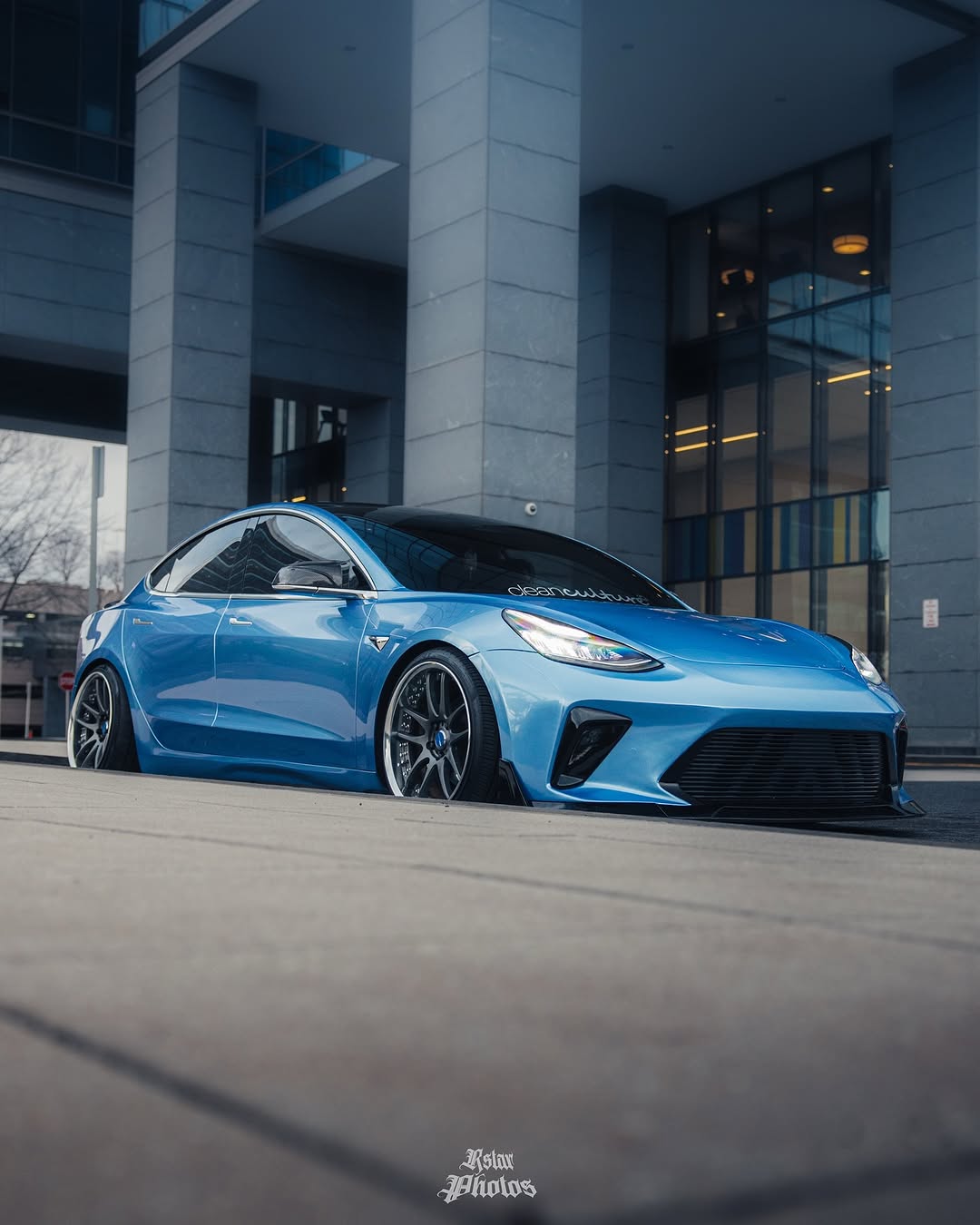 Tesla Model 3 Performance Long Range Standard Base 2017 2018 2019 2020 2021 2022 2023 with Aftermarket Parts - "HACKER" Narrow Body Front Bumper & Front Splitter Carbon Fiber / FRP from Robot Craftsman