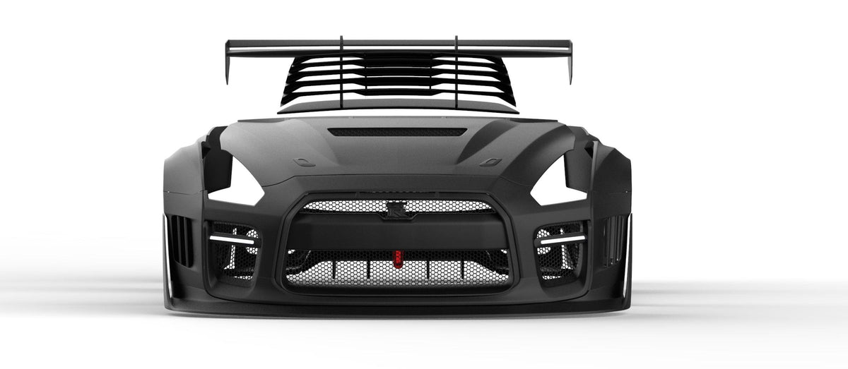 Nissan GTR Nismo Black Edition Track Edition Premium Base CBA DBA 2008 2009 2010 2011 2012 2013 2014 2015 2016 (for installation on 2017 2018 2019 2020 2021 2022 2023 2024 vehicles, 2008 2009 2010 2011 2012 2013 2014 2015 2016 hood is recommended) with Aftermarket Parts - "Godzilla" Widebody Front Bumper & Front Lip Carbon Fiber / FRP from Robot Craftsman