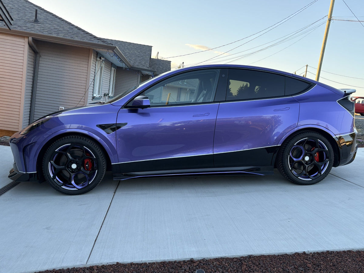 Tesla Model Y Performance AWD Long Range RWD Standard 2020 2021 2023 2024 with Aftermarket Parts - "STARSHIP" Stage 1 Corner Lip (2 pcs) & Stage 2 Corner Lip (4 pcs) & Front Bumper Carbon Fiber from Robot Craftsman