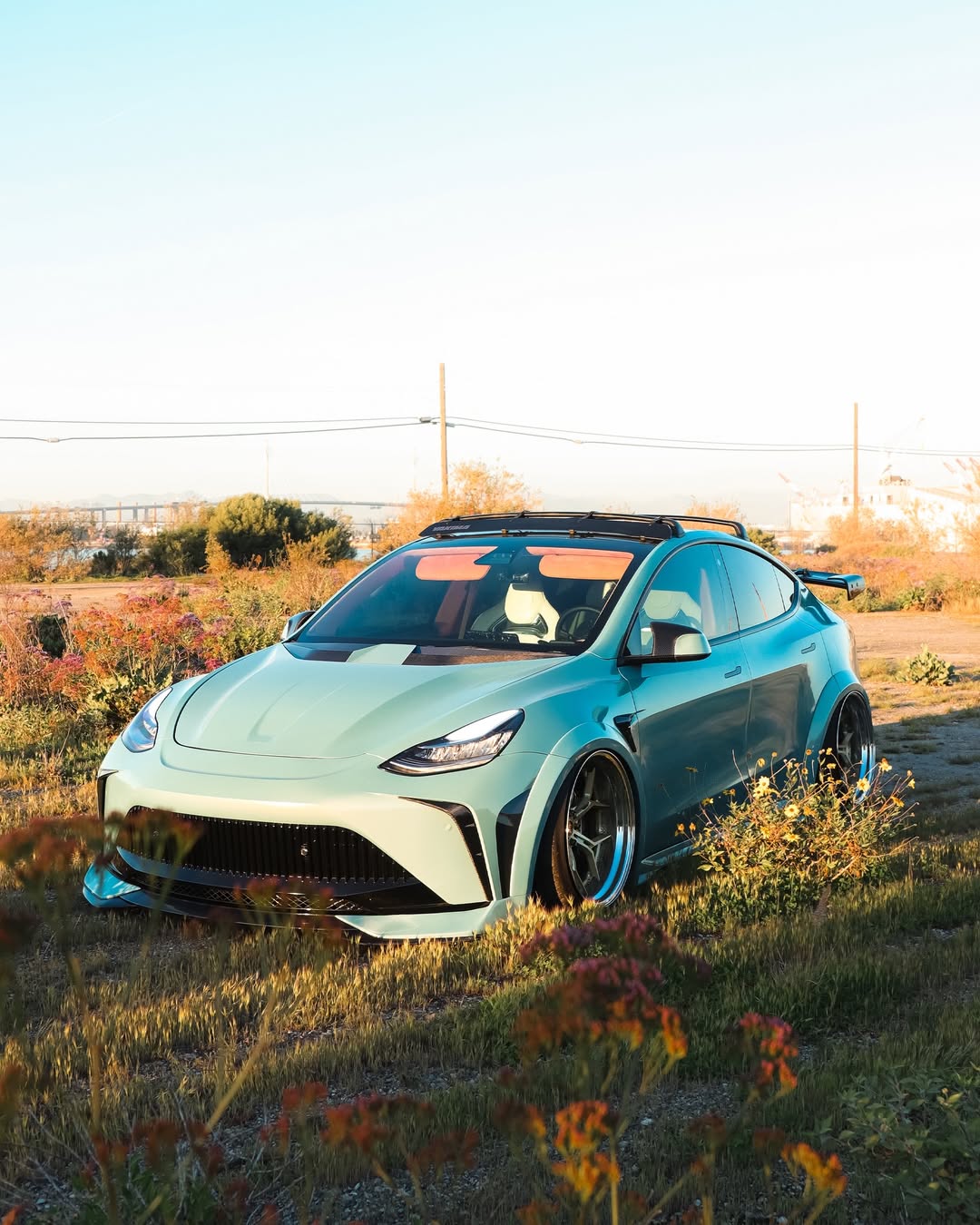 Tesla Model Y Performance AWD Long Range RWD Standard 2020 2021 2023 2024 with Aftermarket Parts - "STARSHIP" Stage 1 Corner Lip (2 pcs) & Stage 2 Corner Lip (4 pcs) & Front Bumper Carbon Fiber from Robot Craftsman
