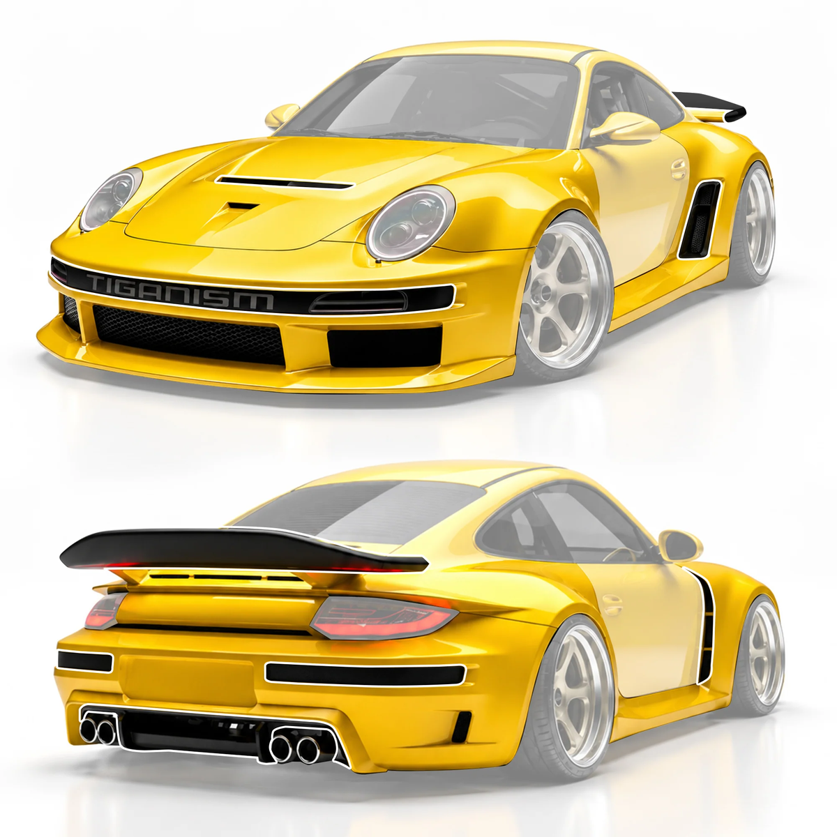Porsche 911 997.1 997.2 Carrera Base S 2009–2012 (997.1 requires 997.2 taillights) with Robot Craftsman's Aftermarket Parts - Package A "TIGANISM GUSTAV" Carbon Fiber / FRP