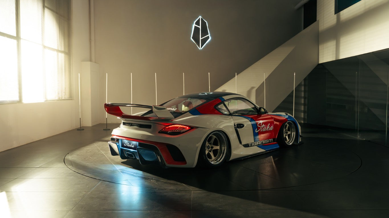 Porsche 987.1 Cayman Base / S 2005 2006 2007 2008 & 987.2 Cayman Base / S / R 2009 2010 2011 2012 with Aftermarket Parts - TITANISM STUKA Rear Quarter Panel Flares Carbon Fiber / FRP from Robot Craftsman