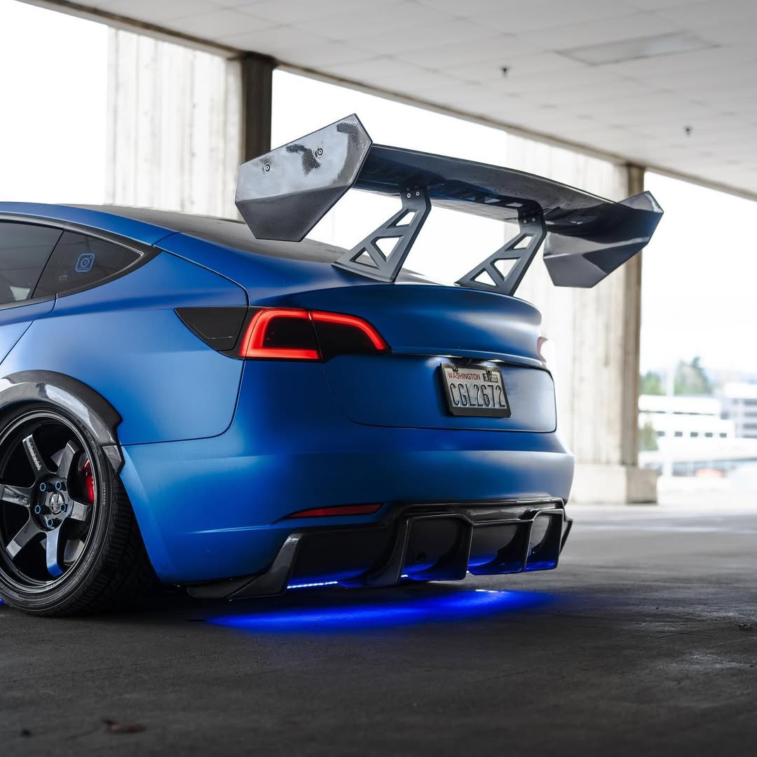 Tesla Model 3 Performance Long Range Standard Base 2017 2018 2019 2020 2021 2022 2023 with Aftermarket Parts - "Hacker" V2 GT Rear Spoiler Wing Carbon Fiber / FRP from Robot Craftsman