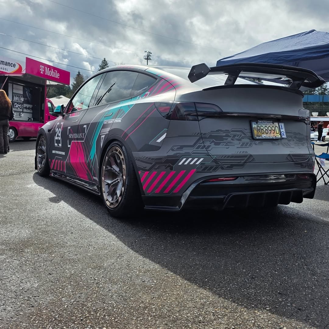 Tesla Model 3 Performance Long Range Standard Base 2017 2018 2019 2020 2021 2022 2023 with Aftermarket Parts - "Hacker" V3 Double Decker Rear Spoiler Wing Carbon Fiber / FRP from Robot Craftsman