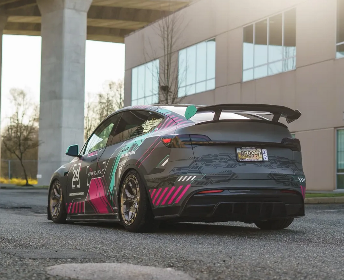 Tesla Model 3 Performance Long Range Standard Base 2017 2018 2019 2020 2021 2022 2023 with Aftermarket Parts - "Hacker" V3 Double Decker Rear Spoiler Wing Carbon Fiber / FRP from Robot Craftsman