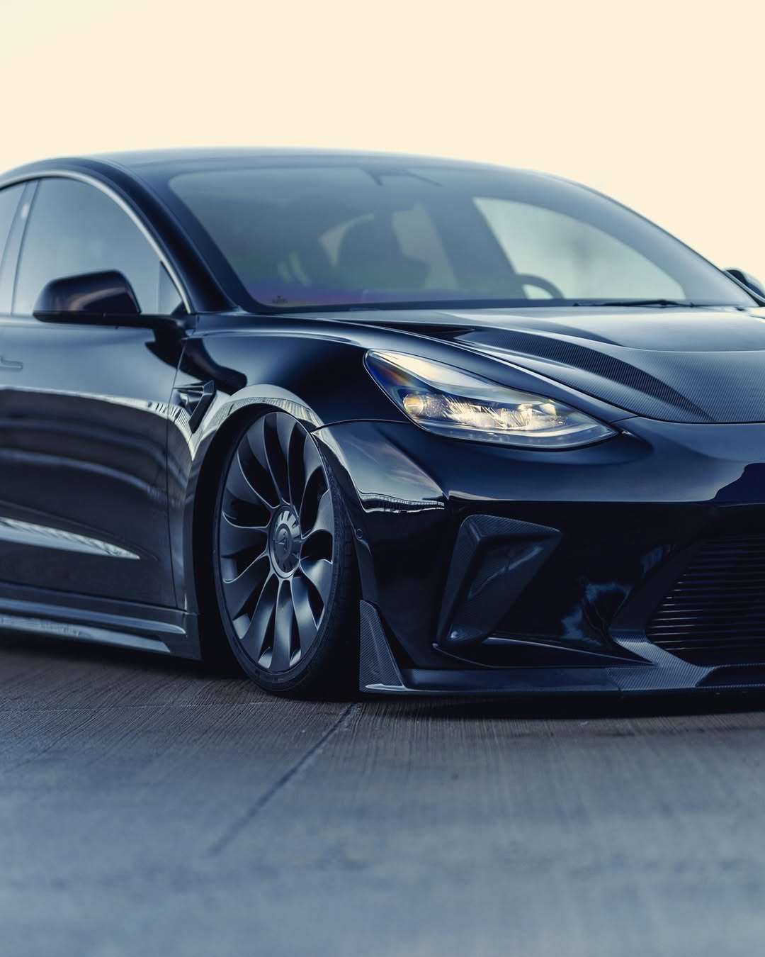 Tesla Model 3 Performance Long Range Standard Base 2017 2018 2019 2020 2021 2022 2023 with Aftermarket Parts - "HACKER" Narrow Body Front Bumper & Front Splitter Carbon Fiber / FRP from Robot Craftsman