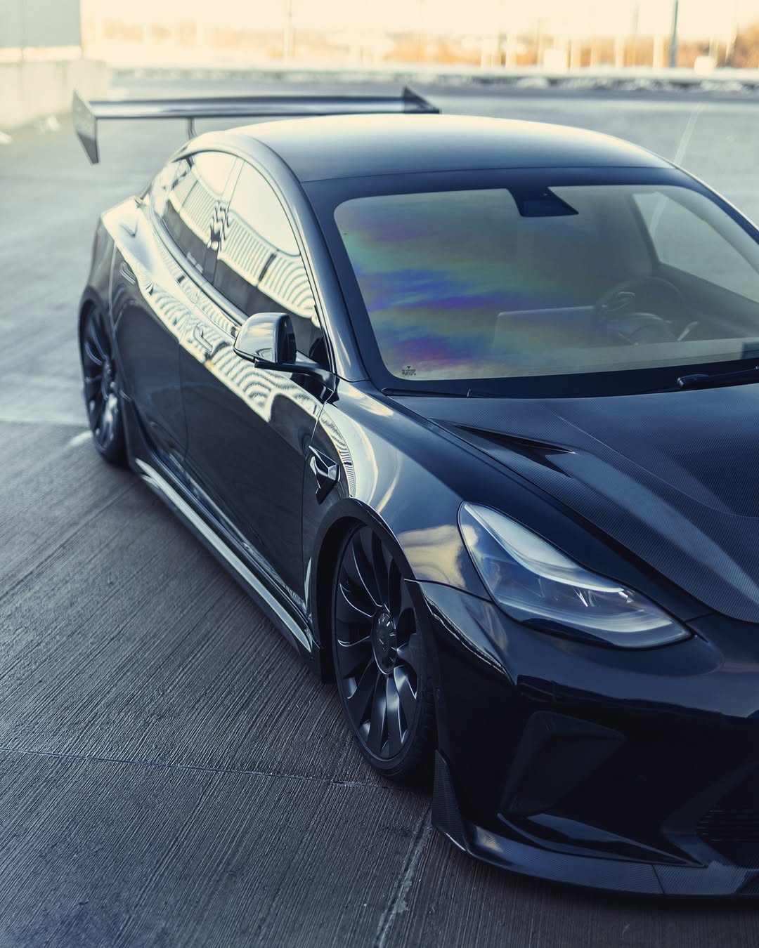 Tesla Model 3 Performance Long Range Standard Base 2017 2018 2019 2020 2021 2022 2023 with Aftermarket Parts - "HACKER" Narrow Body Front Bumper & Front Splitter Carbon Fiber / FRP from Robot Craftsman