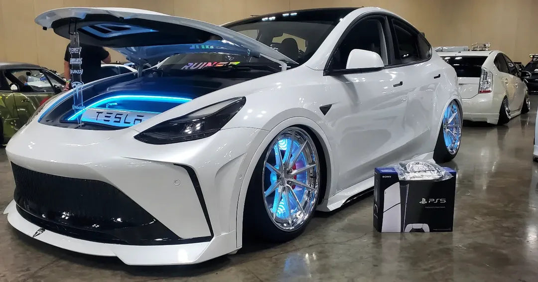 Tesla Model Y Performance AWD Long Range RWD Standard 2020 2021 2023 2024 with Aftermarket Parts - "STARSHIP" Stage 1 Corner Lip (2 pcs) & Stage 2 Corner Lip (4 pcs) & Front Bumper Carbon Fiber / FRP / PP from Robot Craftsman