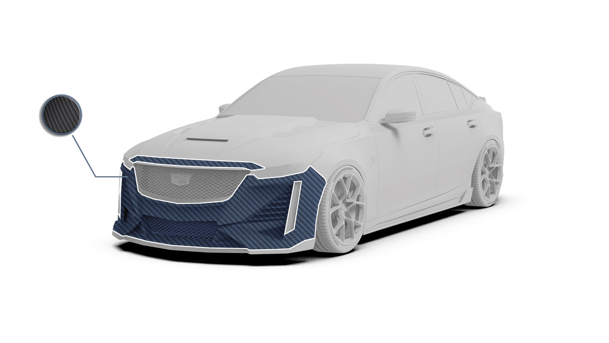 Cadillac CT5 CT5-V Sport Premium Luxury Base 2020 2021 2022 2023 2024 with Aftermarket Parts - "PRISM" Front Bumper & Front Lip Carbon Fiber / FRP from Robot Craftsman