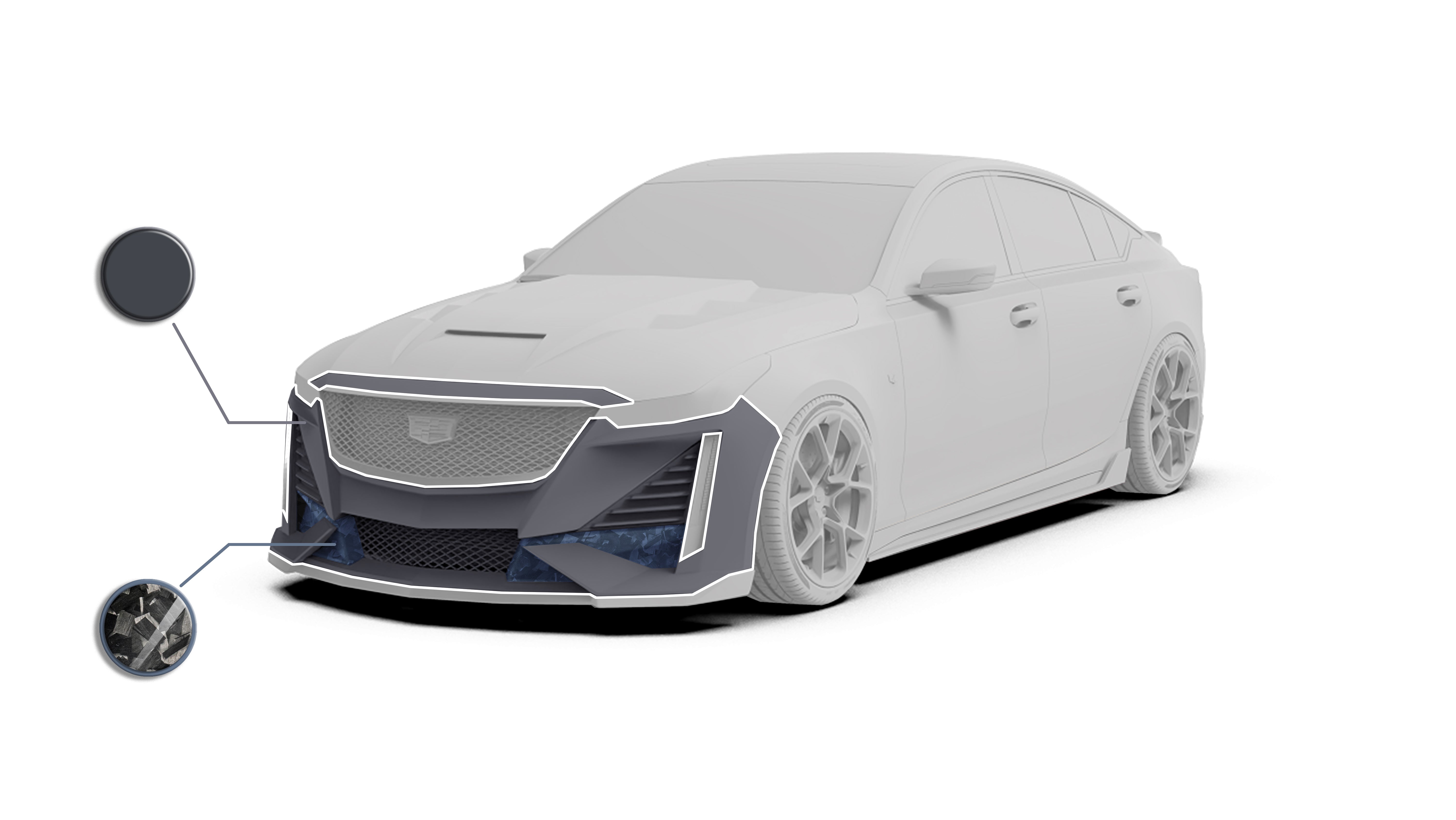 Cadillac CT5 CT5-V Sport Premium Luxury Base 2020 2021 2022 2023 2024 with Aftermarket Parts - "PRISM" Front Bumper & Front Lip Carbon Fiber / FRP from Robot Craftsman