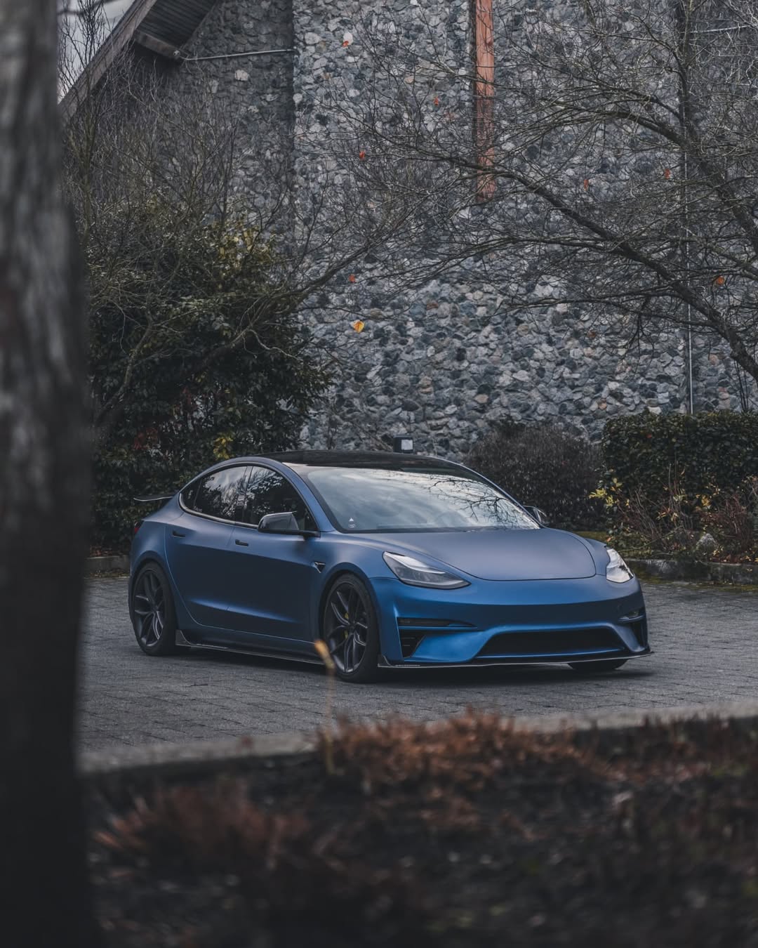 Tesla Model 3 Performance Long Range Standard Base 2017 2018 2019 2020 2021 2022 2023 with Aftermarket Parts - Crypton Front Bumper & Lip Carbon Fiber / FRP from Robot Craftsman