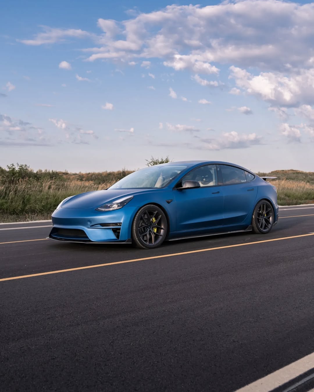 Tesla Model 3 Performance Long Range Standard Base 2017 2018 2019 2020 2021 2022 2023 with Aftermarket Parts - Crypton Front Bumper & Lip Carbon Fiber / FRP from Robot Craftsman