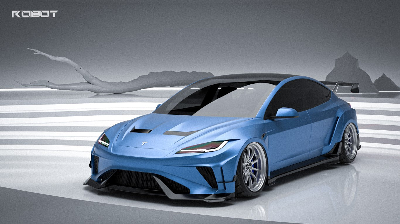 Tesla Model 3 Highland  Performance 2024-ON with Robot Craftsman's Aftermarket Parts - Carbon Fiber & FRP Fenders Flares & Wheel Arches & Side Skirts & Front Corner Canards & Side Canards HACKER