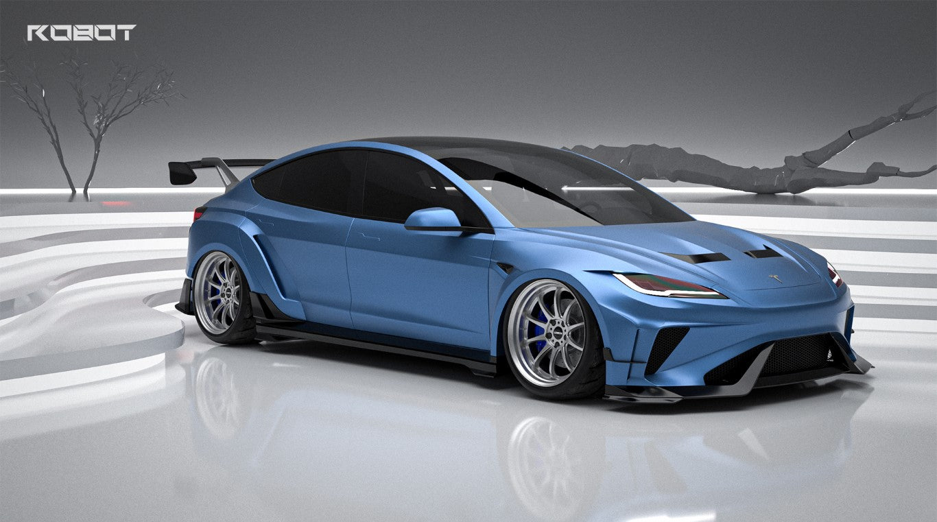 Tesla Model 3 Highland Performance 2024-ON with Robot Craftsman's Aftermarket Parts - Carbon Fiber & FRP Fenders Flares & Wheel Arches & Side Skirts & Front Corner Canards & Side Canards HACKER