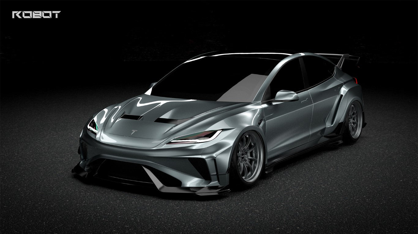 Tesla Model 3 Highland / Performance 2024-ON with Aftermarket Parts - Hacker Widebody Front Bumper & Lip Carbon Fiber / FRP from Robot Craftsman
