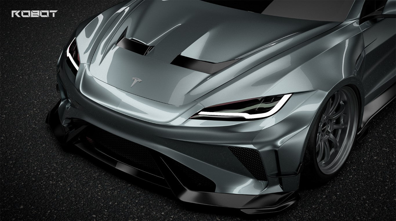 Tesla Model 3 Highland / Performance 2024-ON with Aftermarket Parts - Hacker Widebody Front Bumper & Lip Carbon Fiber / FRP from Robot Craftsman