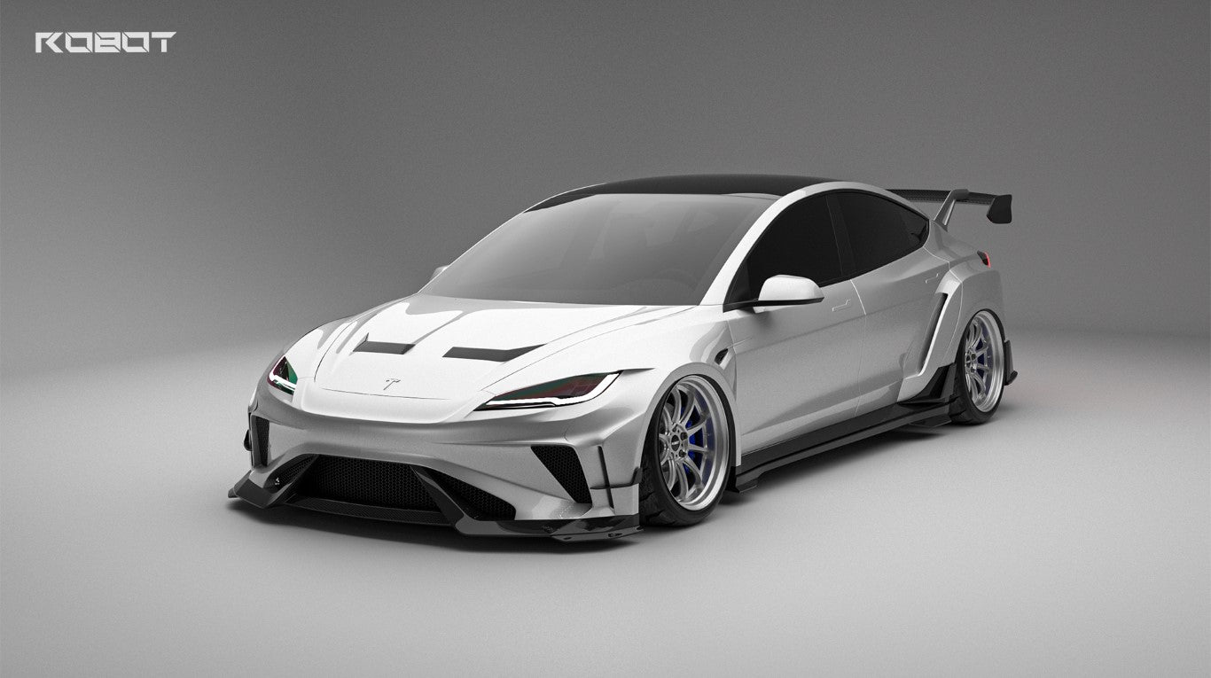 Tesla Model 3 Highland / Performance 2024-ON with Aftermarket Parts - Hacker Widebody Front Bumper & Lip Carbon Fiber / FRP from Robot Craftsman