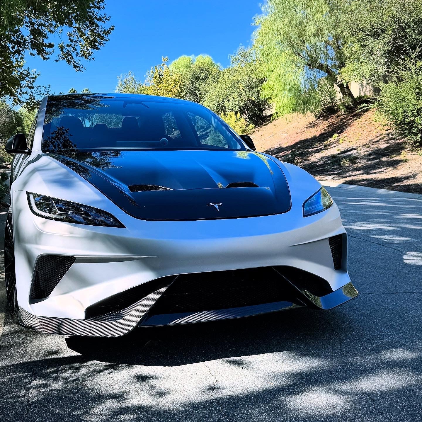 Tesla Model 3 Highland / Performance 2024-ON with Aftermarket Parts - Hacker Hood & Hood Garnish Carbon Fiber / FRP from Robot Craftsman