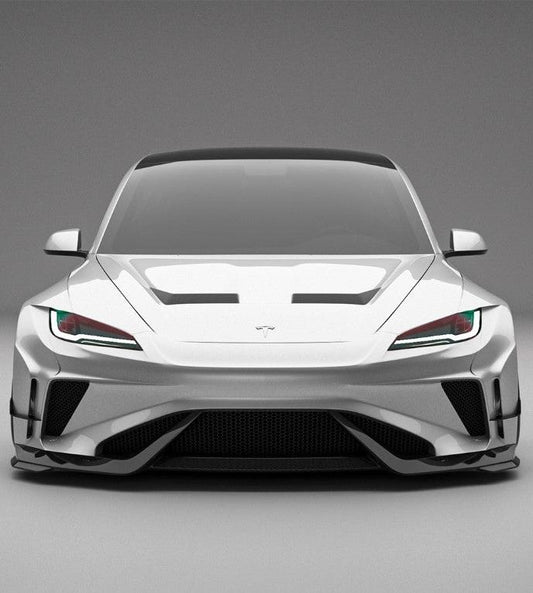 Tesla Model 3 Highland / Performance 2024-ON with Aftermarket Parts - Hacker Widebody Front Bumper & Lip Carbon Fiber / FRP from Robot Craftsman