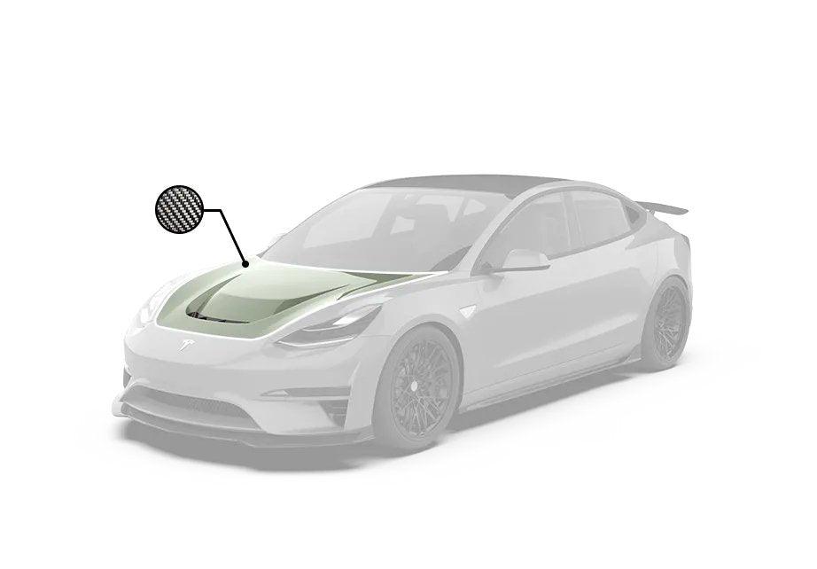 Tesla Model 3 Performance Long Range Standard Base 2017 2018 2019 2020 2021 2022 2023 with Aftermarket Parts - "Crypton" Hood Bonnet Carbon Fiber / FRP from Robot Craftsman