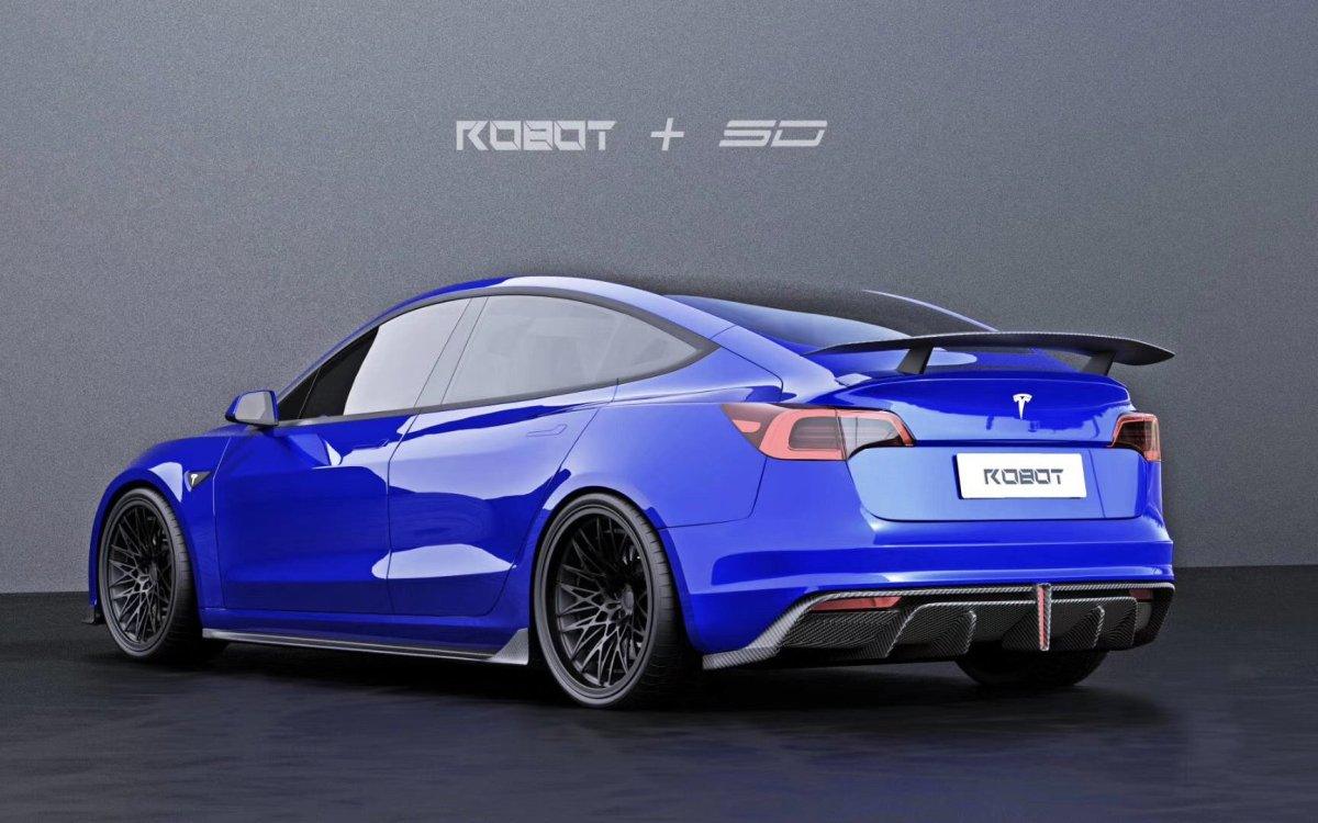 Tesla Model 3 Performance Long Range Standard Base 2017 2018 2019 2020 2021 2022 2023 with Aftermarket Parts - Crypton Rear Bumper & Diffuser Carbon Fiber / FRP from Robot Craftsman