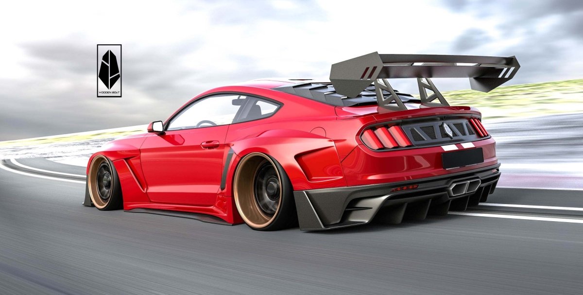 Ford Mustang Ecoboost V6 GT March1 Bullitt S550.1 S550.2 2015 2016 2017 2018 2019 2020 2021 2022 2023 with Aftermarket Parts - DAWN & DUSK Rear Bumper & Diffuser & Exhaust Tip Trim Carbon Fiber / FRP from Robot Craftsman