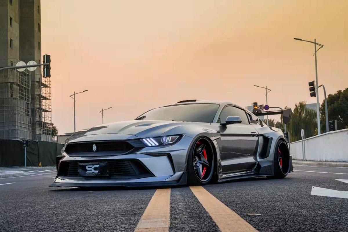 Ford Mustang Ecoboost V6 GT 2015 2016 2017 & Mustang Ecoboost V6 GT S550.1 2015 2016 2017 & Mustang Ecoboost V6 GT March1 Bullitt S550.2 2018 2019 2020 2021 2022 2023 with Aftermarket Parts - DUSK Front Bumper & Lip (Badge included) & Replacement Front Lip Only Carbon Fiber / FRP from Robot Craftsman