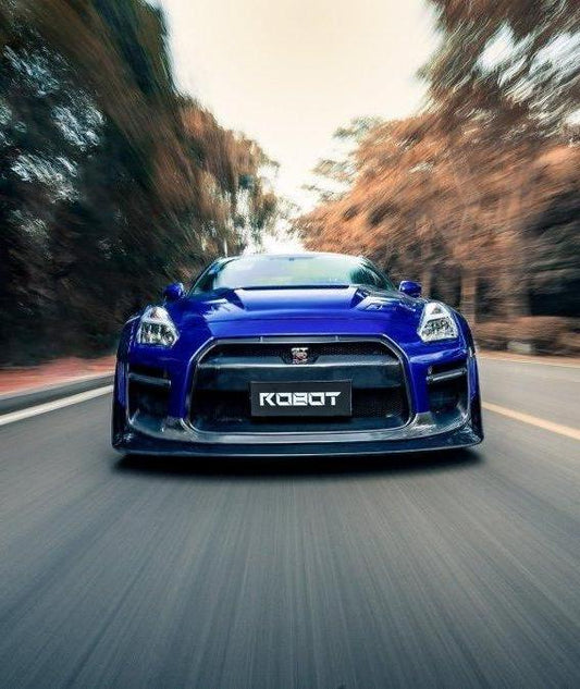 Nissan GTR Nismo Black Edition Track Edition Premium Base CBA DBA 2008 2009 2010 2011 2012 2013 2014 2015 2016 (for installation on 2017 2018 2019 2020 2021 2022 2023 2024 vehicles, 2008 2009 2010 2011 2012 2013 2014 2015 2016 hood is recommended) with Aftermarket Parts - "Godzilla" Narrow Body Front Bumper & Front Lip Carbon Fiber / FRP from Robot Craftsman