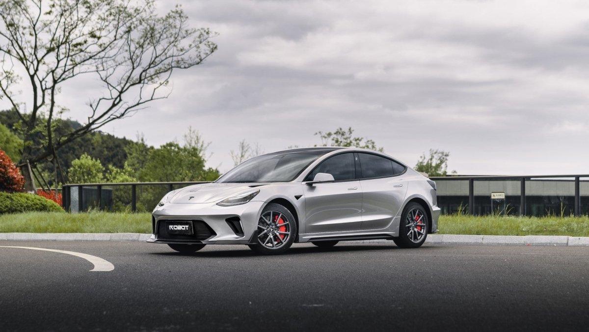 Tesla Model 3 Performance Long Range Standard Base 2017 2018 2019 2020 2021 2022 2023 with Aftermarket Parts - "HACKER" Narrow Body Front Bumper & Front Splitter Carbon Fiber / FRP from Robot Craftsman