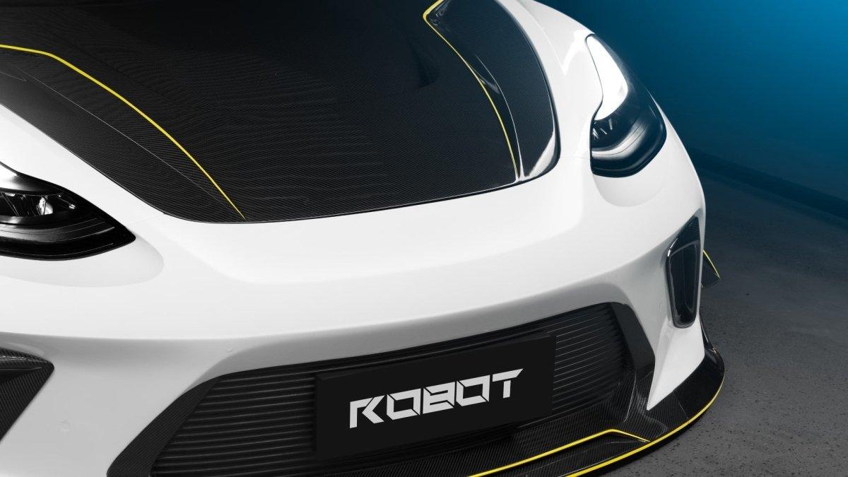 Tesla Model 3 Performance Long Range Standard Base 2017 2018 2019 2020 2021 2022 2023 with Aftermarket Parts - "HACKER" Narrow Body Front Bumper & Front Splitter Carbon Fiber / FRP from Robot Craftsman