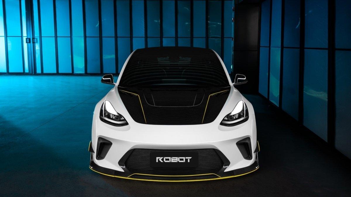 Tesla Model 3 Performance Long Range Standard Base 2017 2018 2019 2020 2021 2022 2023 with Aftermarket Parts - "HACKER" Narrow Body Front Bumper & Front Splitter Carbon Fiber / FRP from Robot Craftsman