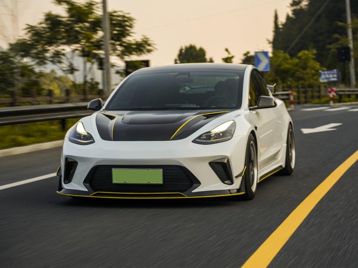 Tesla Model 3 Performance Long Range Standard Base 2017 2018 2019 2020 2021 2022 2023 with Aftermarket Parts - "HACKER" Narrow Body Front Bumper & Front Splitter Carbon Fiber / FRP from Robot Craftsman