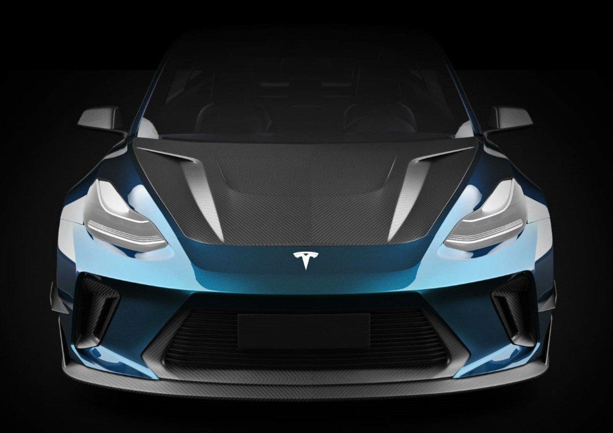 Tesla Model 3 Performance Long Range Standard Base 2017 2018 2019 2020 2021 2022 2023 with Aftermarket Parts - "Hacker" V1 Hood Bonnet Carbon Fiber / FRP from Robot Craftsman