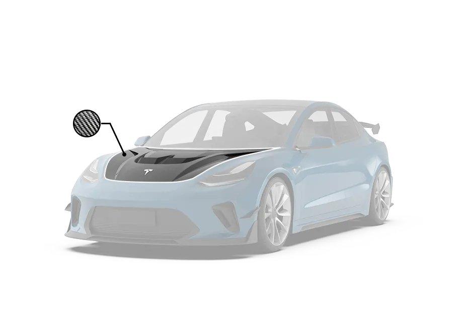 Tesla Model 3 Performance Long Range Standard Base 2017 2018 2019 2020 2021 2022 2023 with Aftermarket Parts - "Hacker" V2 Hood Bonnet Carbon Fiber / FRP from Robot Craftsman