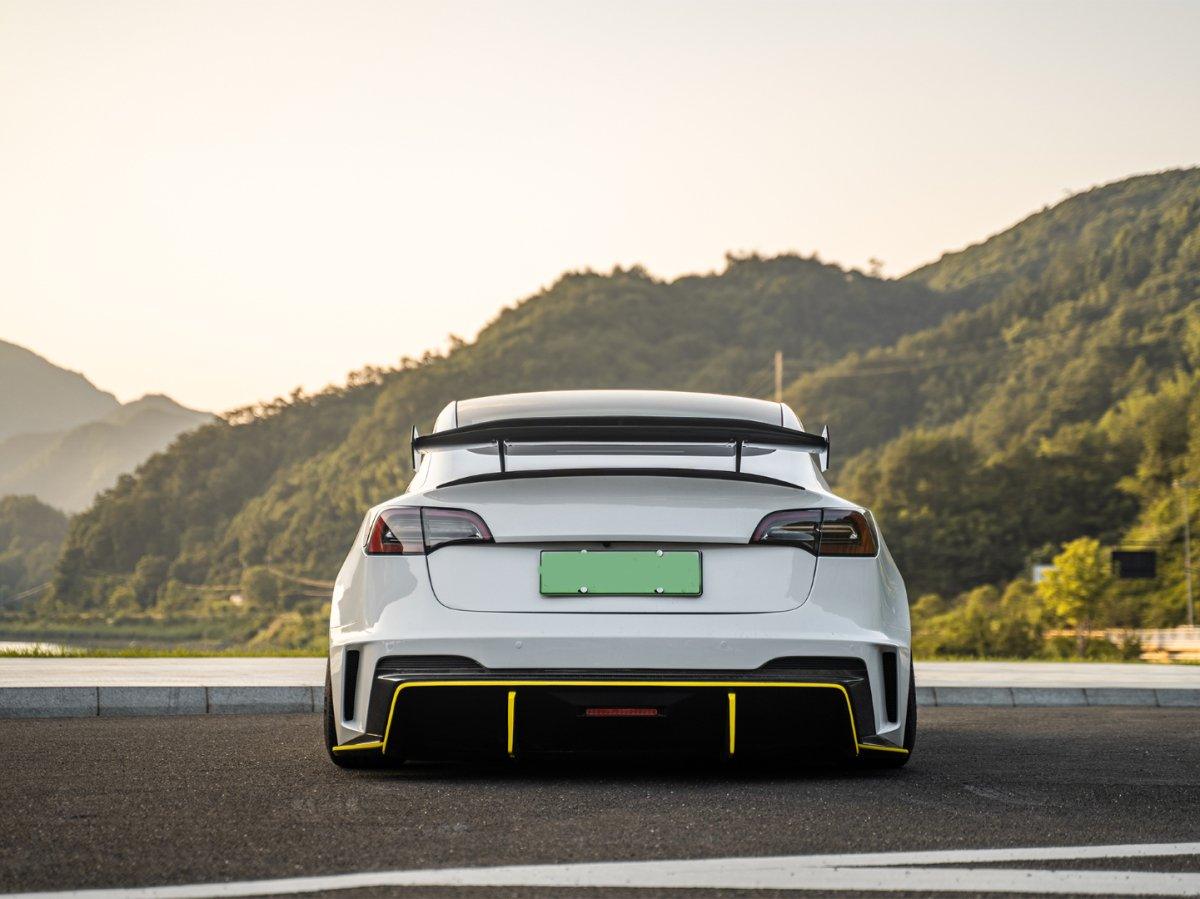 Tesla Model 3 Performance Long Range Standard Base 2017 2018 2019 2020 2021 2022 2023 with Aftermarket Parts - "Hacker" V3 Double Decker Rear Spoiler Wing Carbon Fiber / FRP from Robot Craftsman