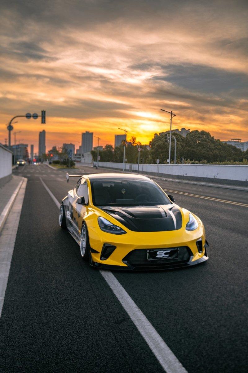 Tesla Model 3 Performance Long Range Standard Base 2017 2018 2019 2020 2021 2022 2023 with Aftermarket Parts - "Hacker" Widebody Front Bumper Canards Carbon Fiber / FRP from Robot Craftsman